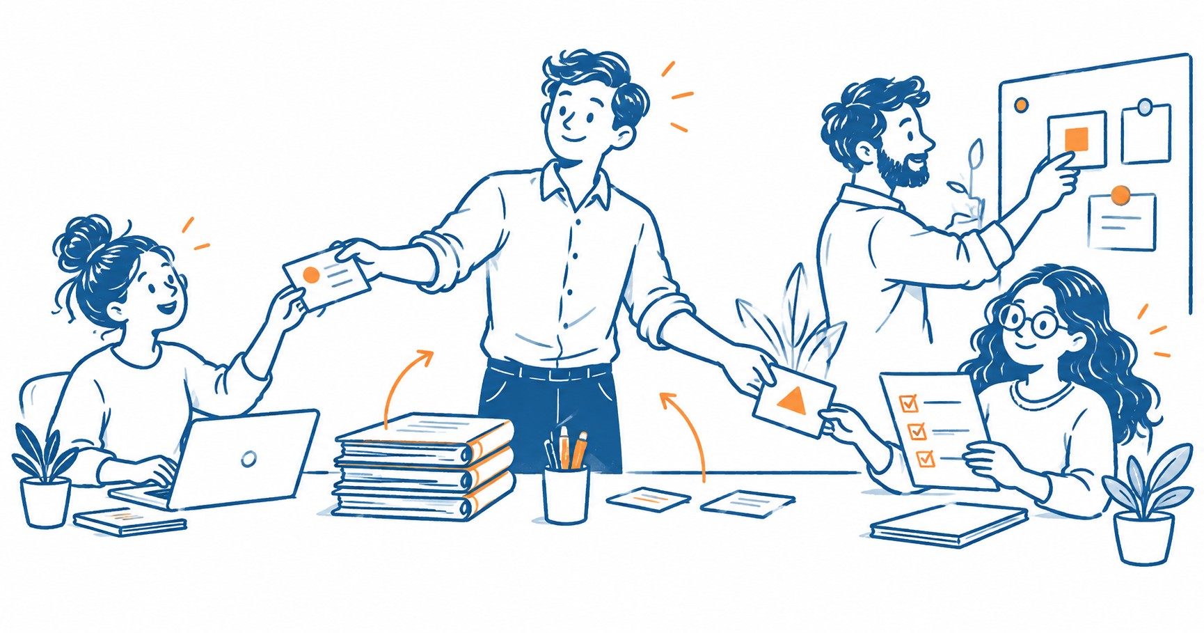 Ilustrație doodle cu linii albastre: un manager deleagă sarcini colegilor, care lucrează împreună și își asumă responsabilități.